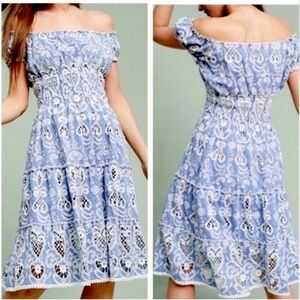 Anthropologie Payal Jain Blue White Chambray Crocheted Dress Boho Floral Size 4